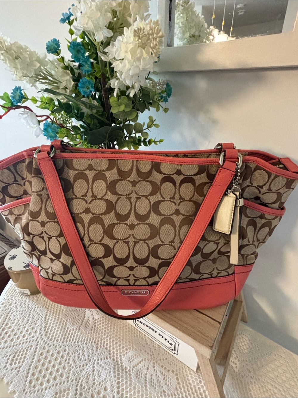 Coach Coral Trim Signature Canvas Shoulder Tote